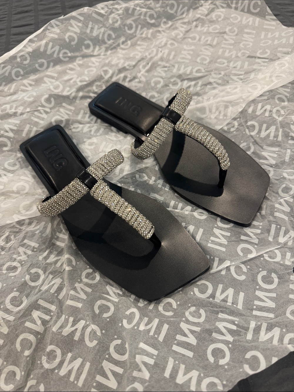 INC International Concepts Black Sandals with Silver Crystal Straps